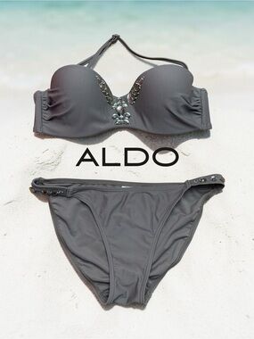 ALDO Embellished Bandeau Bikini Set Taupe Gray M Top / S Bottom Crystal Swimwear